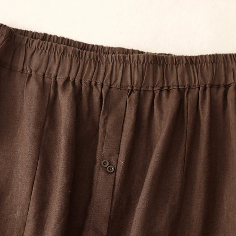 Buddha Stones A-line Buttons Slit Design Elastic Waist Cotton Women's Skirt With Pockets