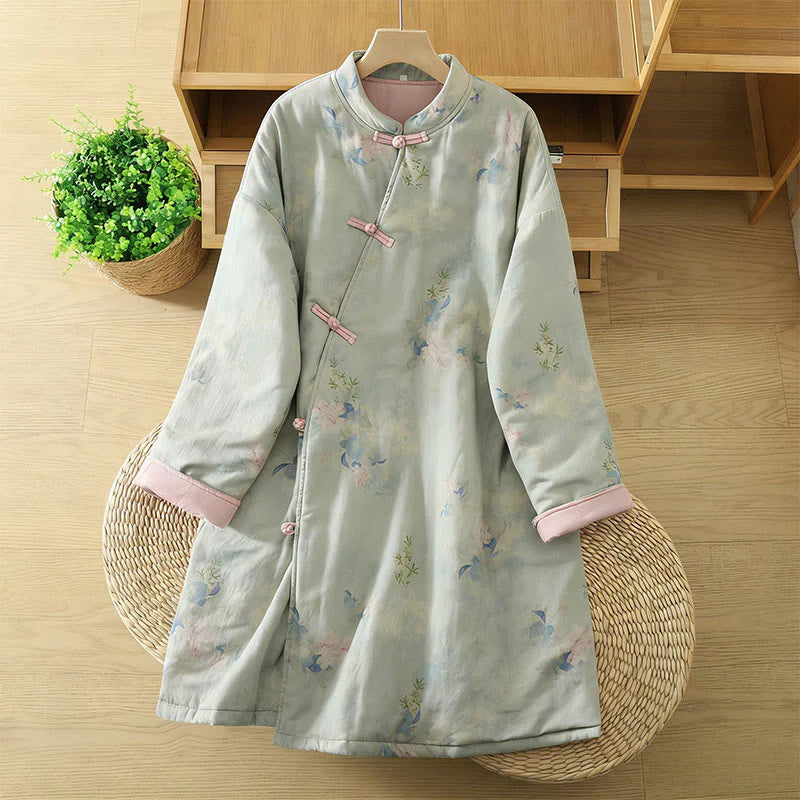 Buddha Stones Frog-button Flower Pattern Crew Neck Thickened Long Sleeve Women's Coat