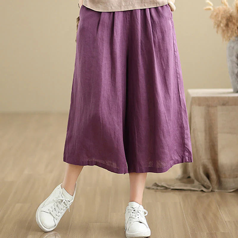 Buddha Stones Summer Solid Color Patchwork Simple Design Women's Cotton Wide Leg Cropped Pants With Pockets