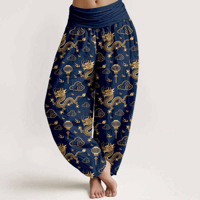 Buddha Stones Print Dragon Auspicious Cloud Lantern Pattern Women's Elastic Waist Harem Cotton Pants