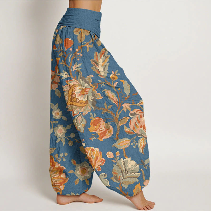 Buddha Stones Cotton Casual Blooming Flowers Buds Design Women's Elastic Waist Harem Pants