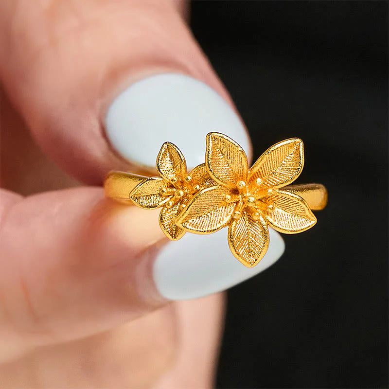 Buddha Stones Lilac Flower Adjustable 24k Gold Plated Copper Brass Ring