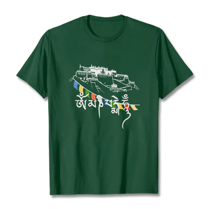Buddha Stones Potala Palace Om Mani Padme Hum Prayer Flags Cotton Tee T-shirt