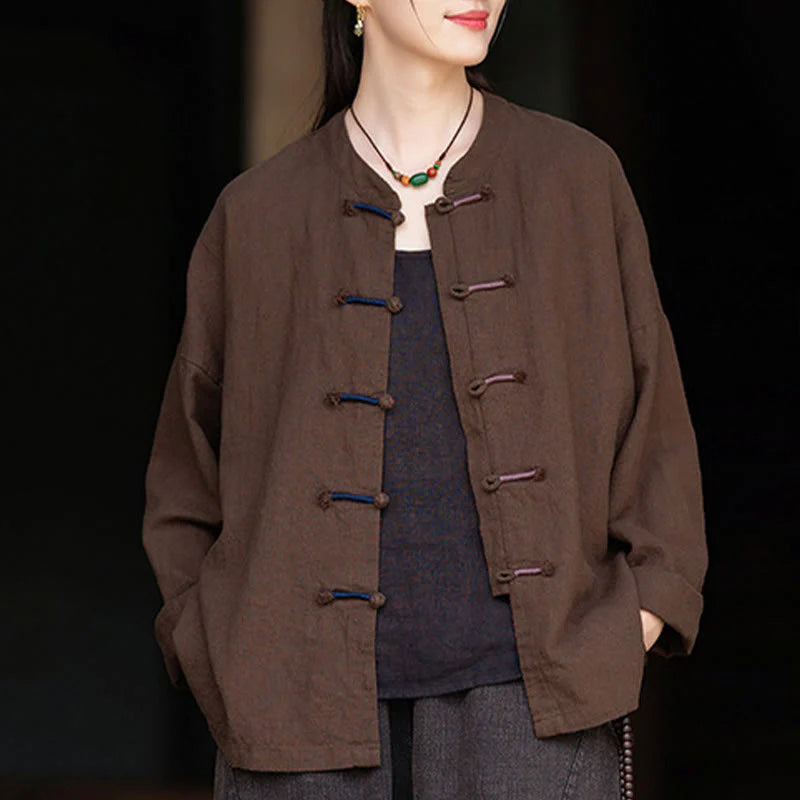 Buddha Stones Solid Color Two-color Frog-button Long Sleeve Ramie Linen Women's Shirt