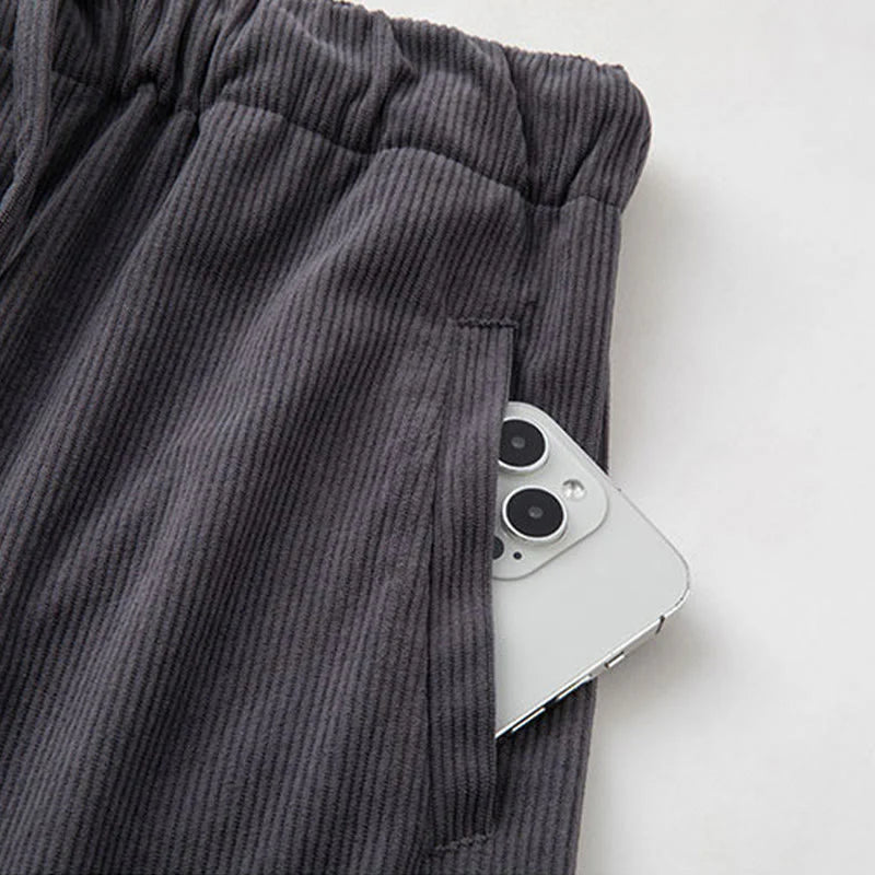 Buddha Stones Winter Men's Drawstring Plain Elastic Waistband Design Corduroy Pants With Pockets