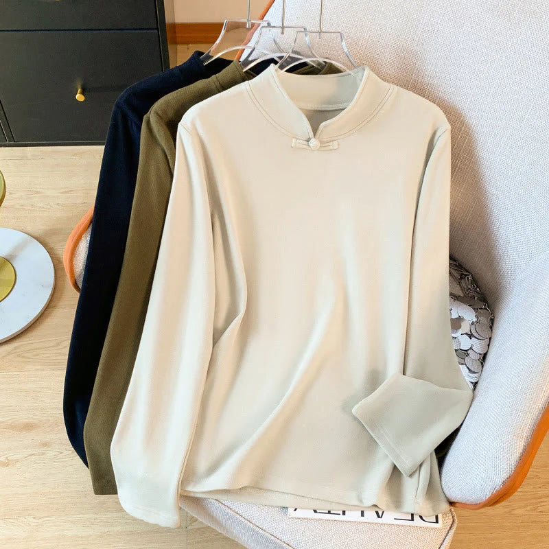 Buddha Stones Spring Solid Color Stand Collar Frog-button Design Women's Cotton Long Sleeve Shirt