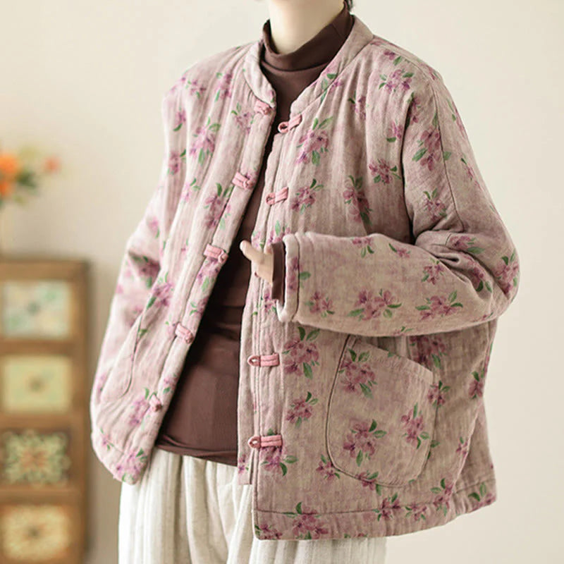 Buddha Stones Women's Long Sleeve Thermal Cotton Printed Florwer Pattern Jacket With Pockets