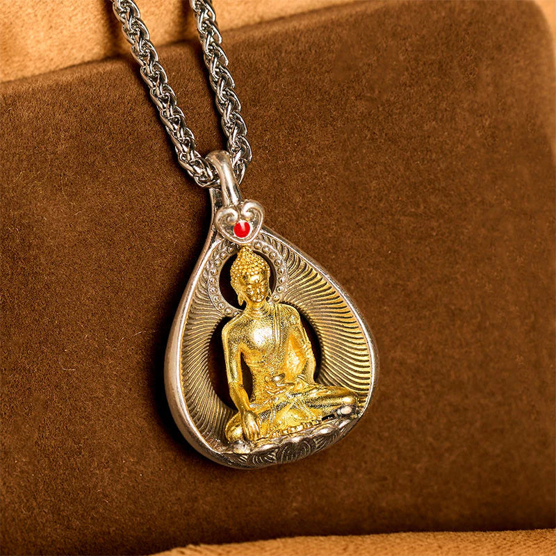 Buddha Stones Green Tara Shakyamuni Buddha Copper Plated Silver Curb Chain Luck Pendant Necklace