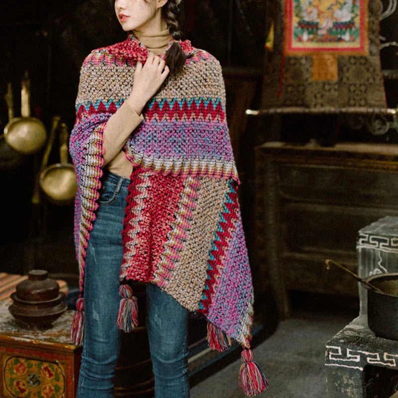 Buddha Stones Tibetan Shawl Warm Cloak Tibetan Tassel Scarf