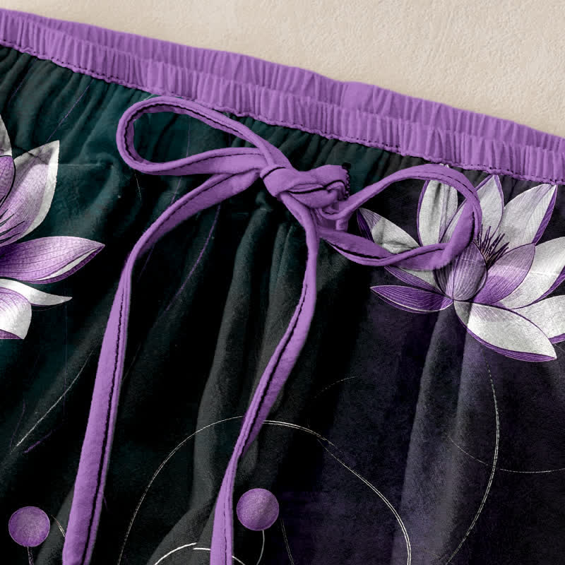 Buddha Stones Pure Cotton Purple Lotus Print Elastic Waist Women's Pants With Pockets