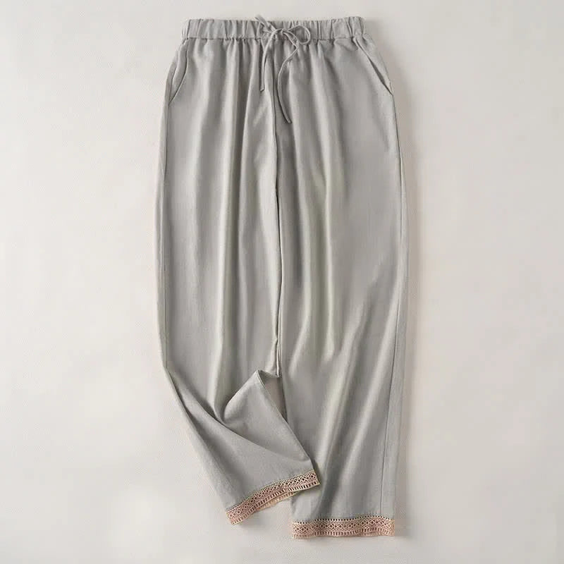 Buddha Stones Summer Lace-trimmed Hem Solid Color Women's Tapered Pants With Pockets