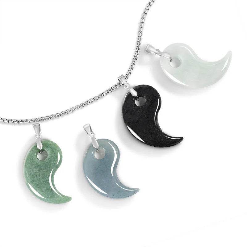 Buddha Stones Teardrop Design Jade Titanium Steel Chain Necklace Luck Pendant