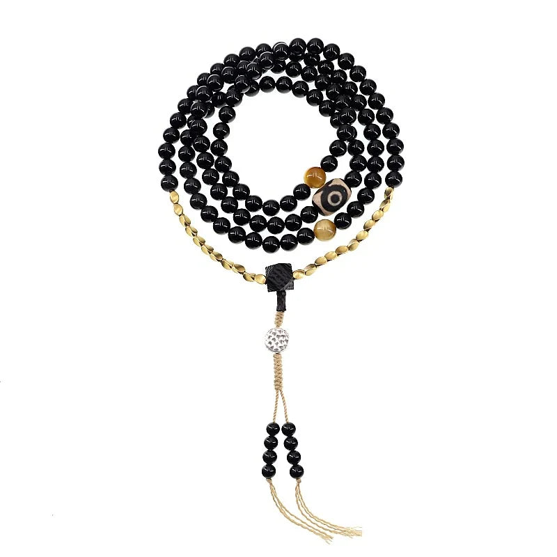 Buddha Stones Tibetan 108 Mala Beads Black Onyx Three-eyed Dzi Beads Protection Bracelet