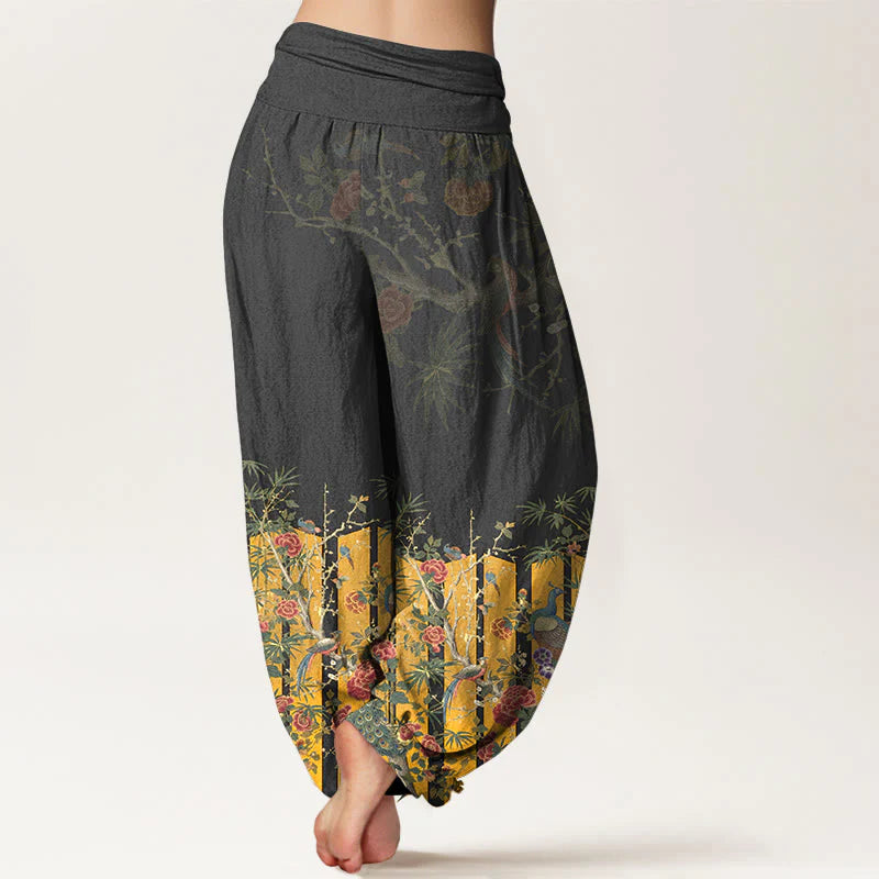Buddha Stones Cotton Gorgeous Peacock Flower Pattern Women's Elastic Waist Harem Pants
