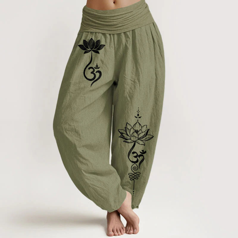 Buddha Stones Cotton Lotus Flower Om Pattern Women's Elastic Waist Harem Pants