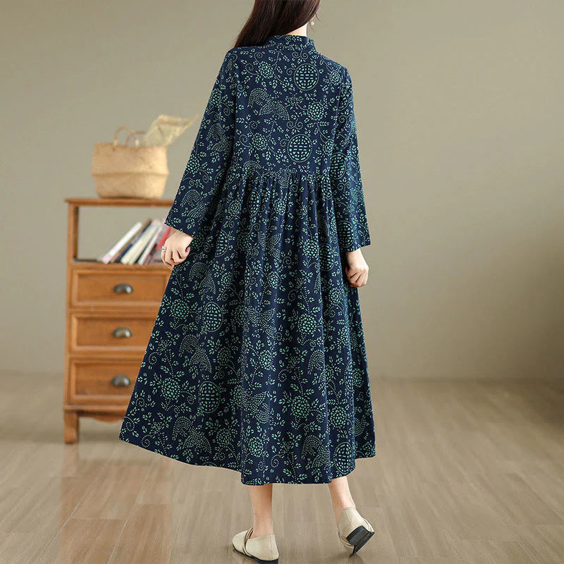 Buddha Stones Printed Floral Long Sleeve Stand Collar Cotton Maxi Dress With Pockets