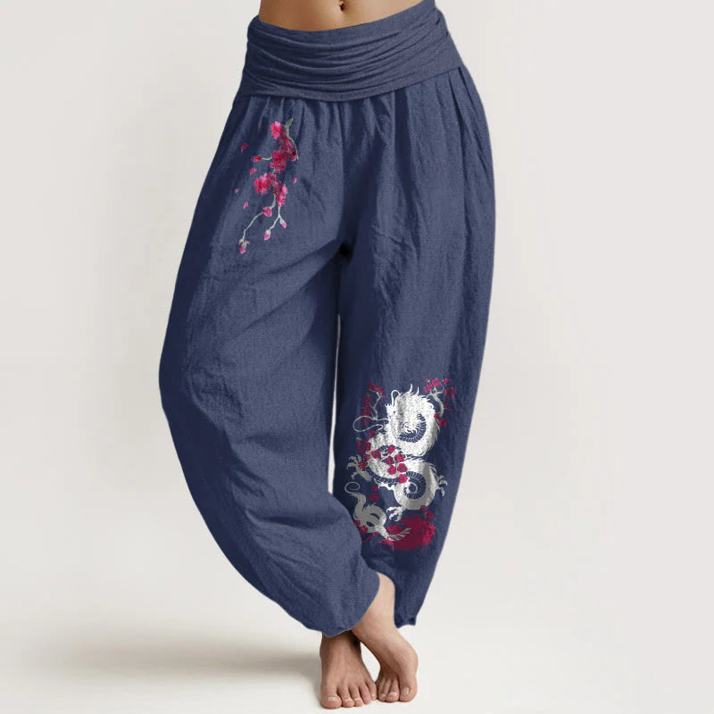 Buddha Stones Dragon Cherry Blossoms Pattern Women's Elastic Waist Harem Cotton Pants