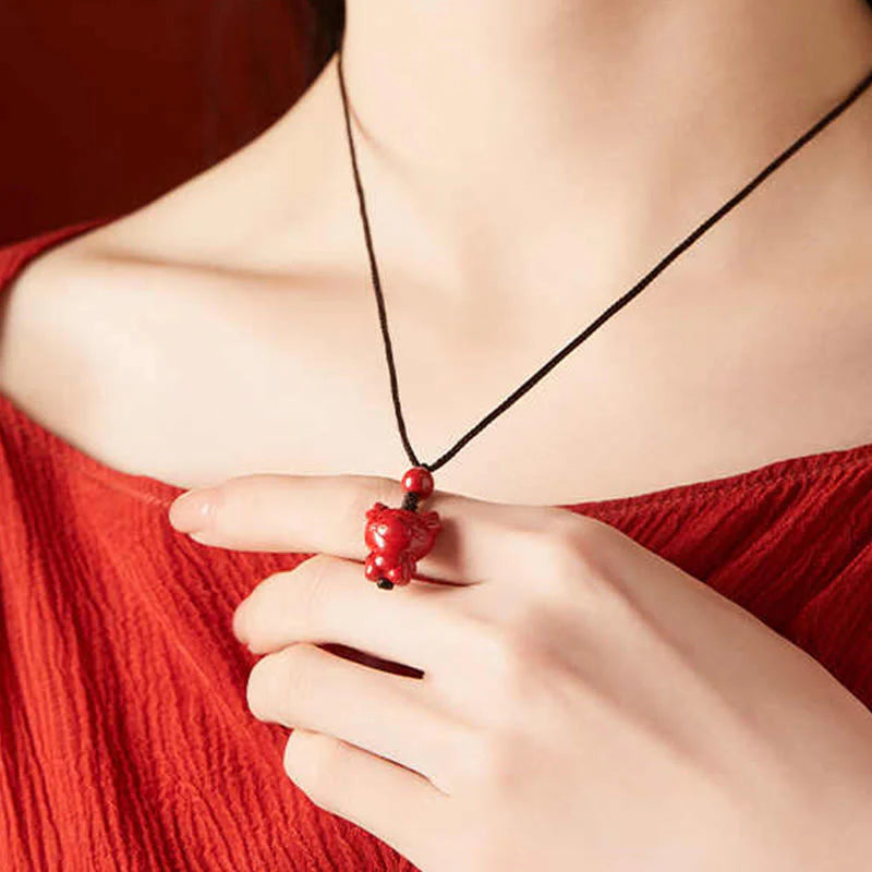 Buddha Stones Year Of The Horse Chinese Zodiac Engraved Design Cinnabar Blessing Rope Necklace Pendants