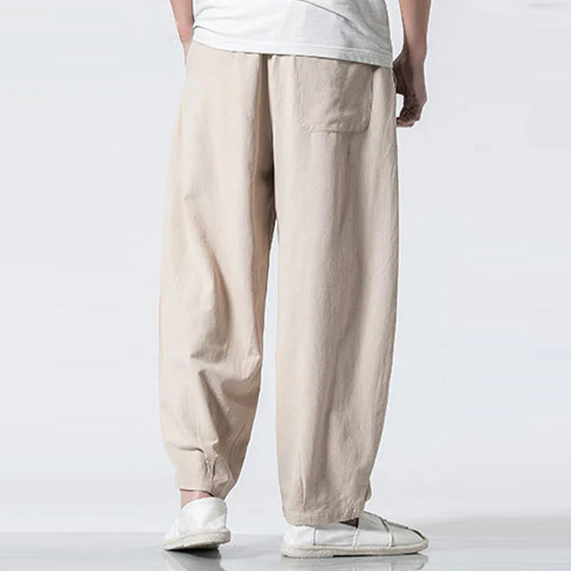 Buddha Stones Drawstring Elastic Waist Ankle-Length Men's Cotton Pants With Pockets
