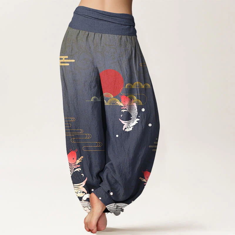 Buddha Stones Koi Fish Red Sun Waves Clouds Pattern Women's Elastic Waist Harem Pure Cotton Pants