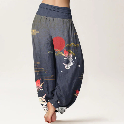 Buddha Stones Koi Fish Red Sun Waves Clouds Pattern Women's Elastic Waist Harem Pure Cotton Pants