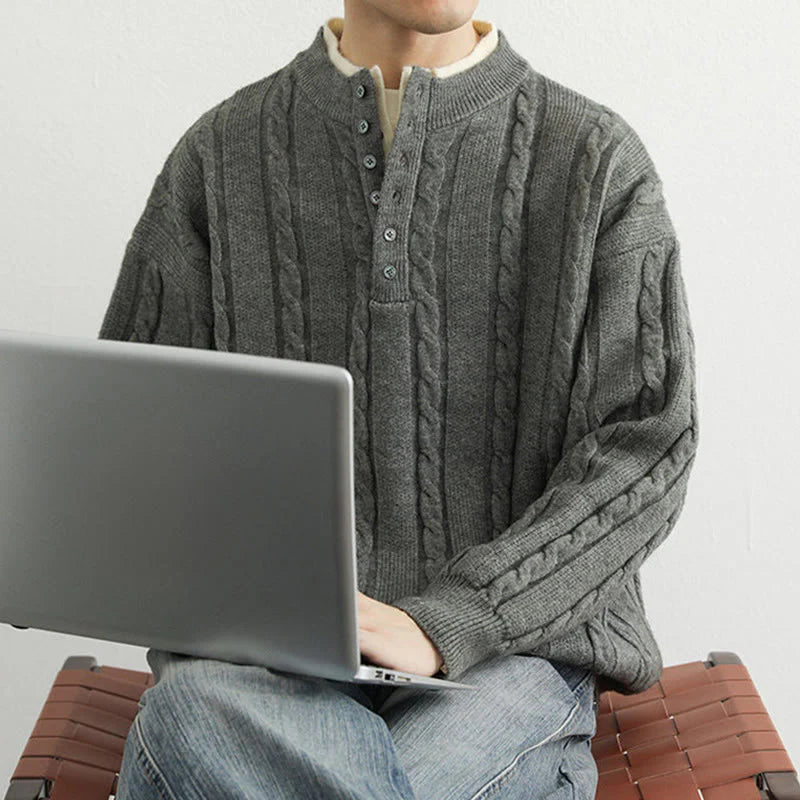 Buddha Stones Winter V-Neck Buttons Twisted Design Warm Men's Long Sleeve Knitted Sweater