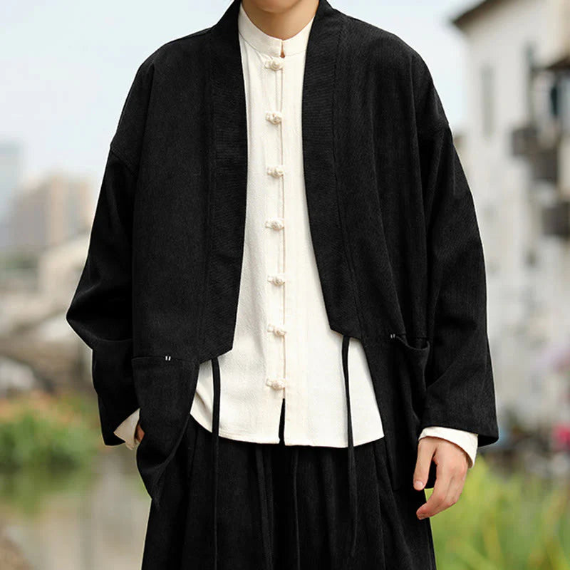 Buddha Stones Solid Color Open Front Long Sleeve Jacket Men's Cotton Corduroy Kimono With Pockets