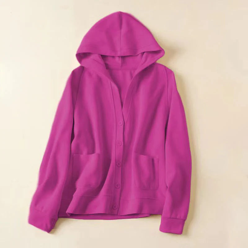 Buddha Stones Plain Buttons Women's Cotton Hooded Jacket With Pockets