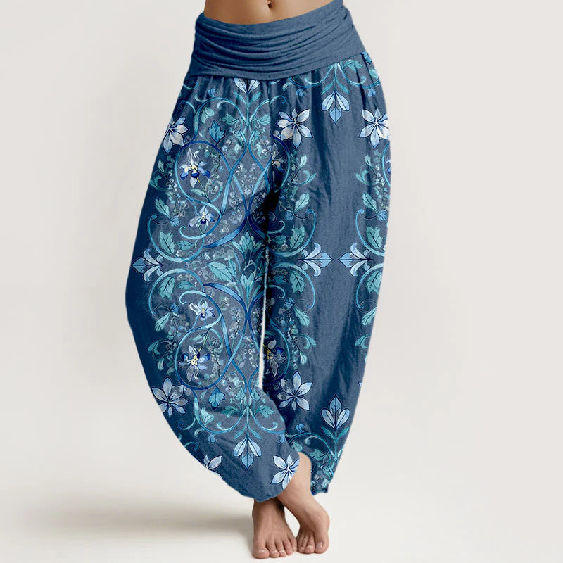 Buddha Stones Cotton Symmetrical Flower Vines Leaves Pattern Women's Elastic Waist Harem Pants