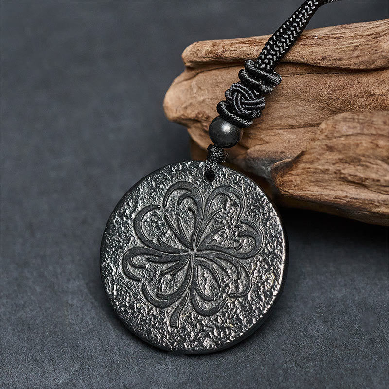 Buddha Stones Four Leaf Clover Authentic Shungite Stone Graphite Stone Protection Necklace Pendant