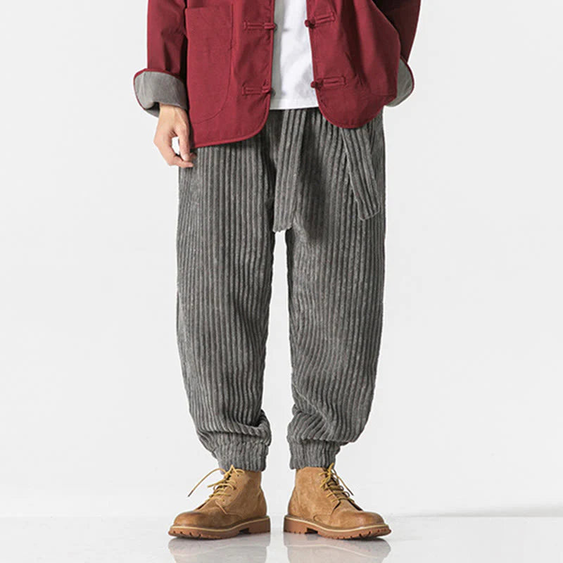 Buddha Stones Winter Solid Color Men's Ankle-Length Corduroy Pants With Pockets