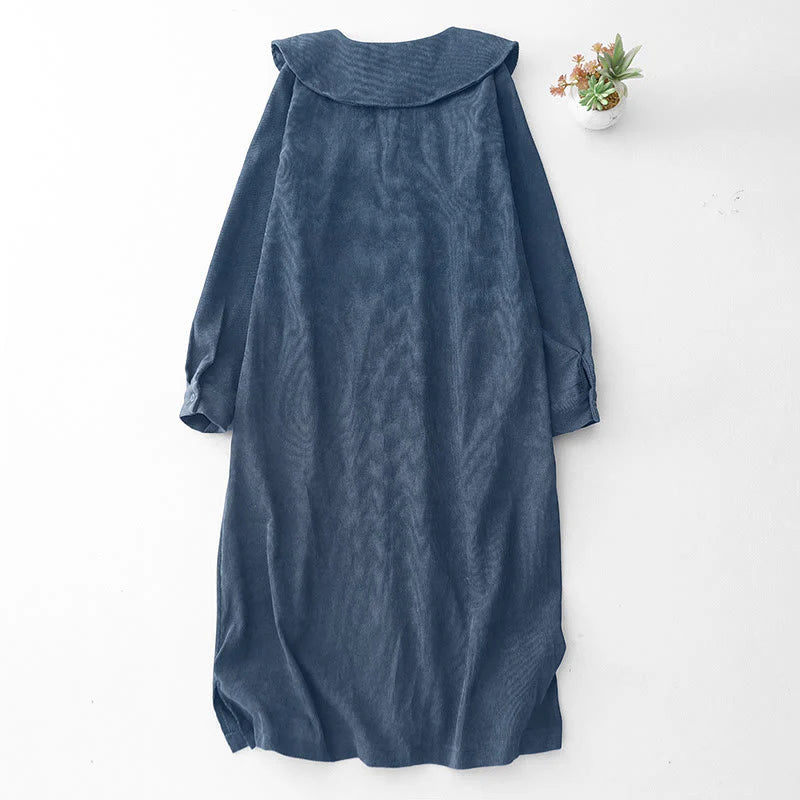 Buddha Stones Fall Plain Buttons Design Long Sleeve Corduroy Midi Dress With Pockets