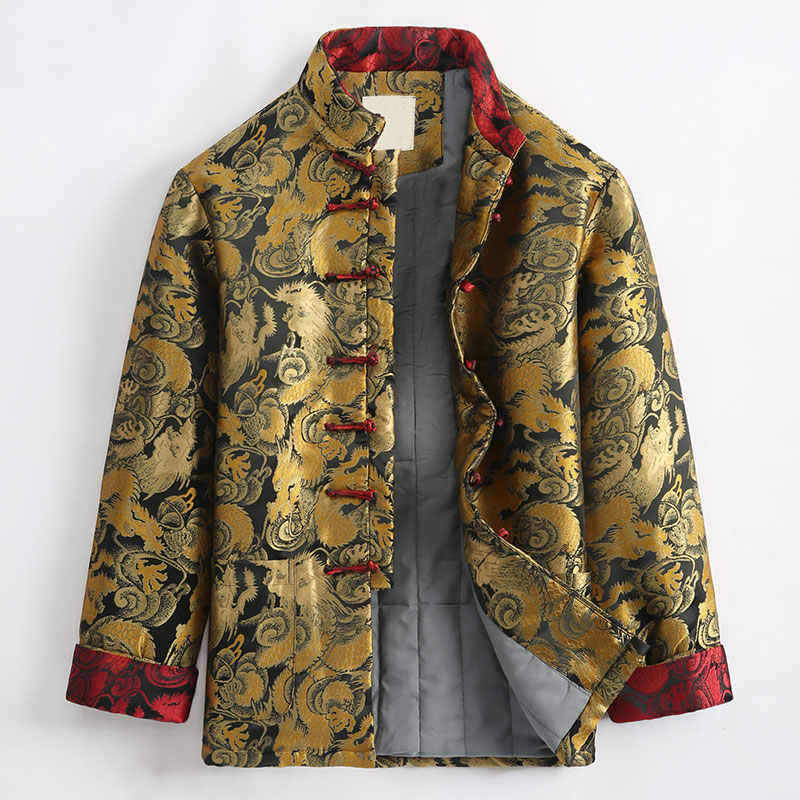 Buddha Stones Winter Dragon Jacquard Warm Frog-Button Long Sleeve Men's Jacket With Pockets