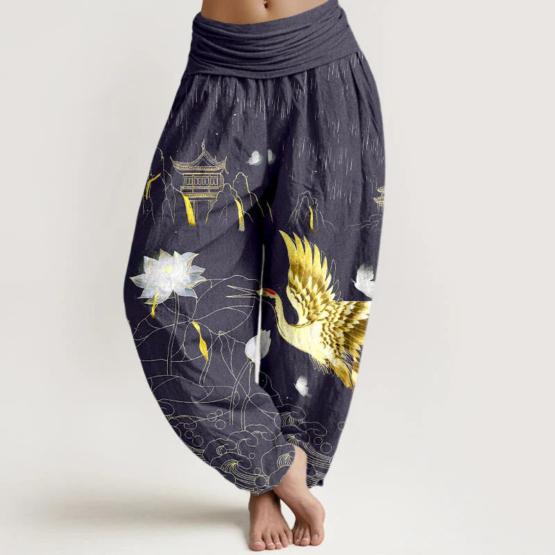 Buddha Stones Cotton Crane Lotus Mountain Pavilion Pattern Women's Elastic Waist Harem Pants