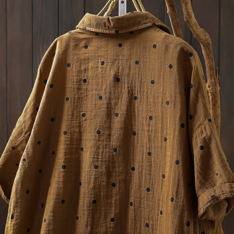Buddha Stones Women's Commute Short Sleeve Polka Dot Lapel Cotton Shirt With Pockets