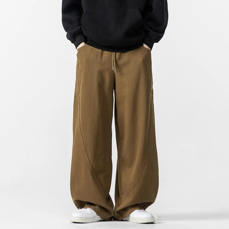 Buddha Stones Fall Pure Color Men's Wide Leg Cotton Drawstring Pants With Pockets