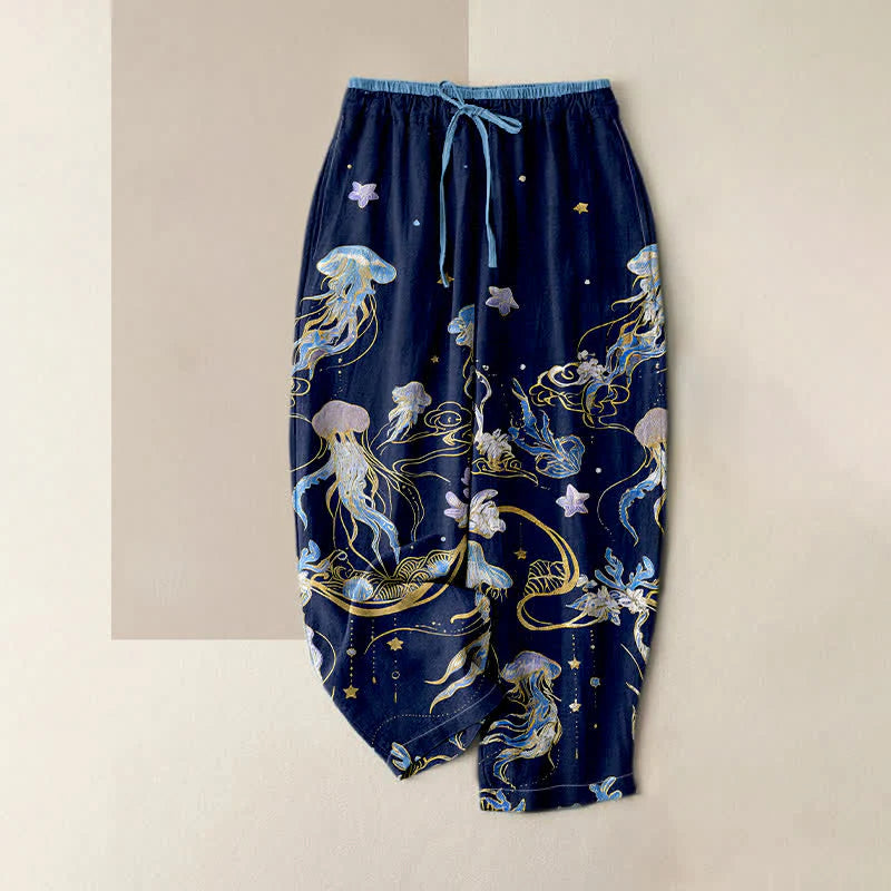 Buddha Stones Jellyfish Pattern Women's Pure Cotton Elastic Waist Pants With Pockets