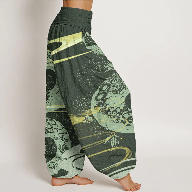 Buddha Stones Cotton Auspicious Clouds With Snake Pattern Women's Elastic Waist Harem Pants