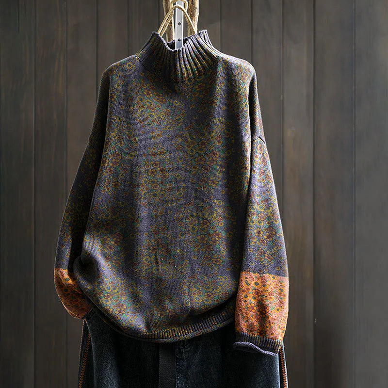 Buddha Stones Women's Knitted Floral Cotton Ribbed Hem Long Sleeve Mock Neck Sweater