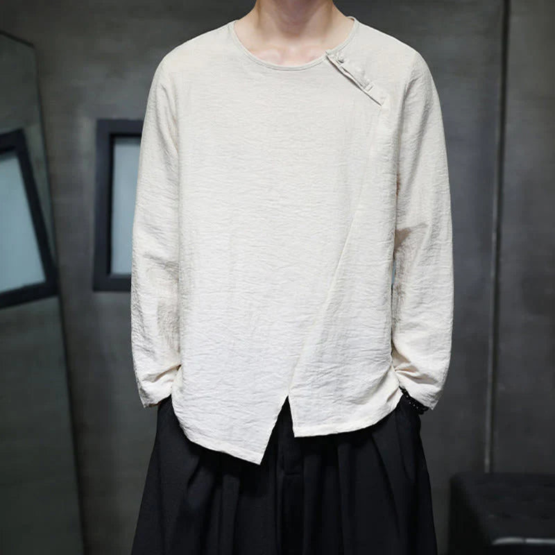 Buddha Stones Solid Color Loose Long Sleeve Round Neck Men's Shirts