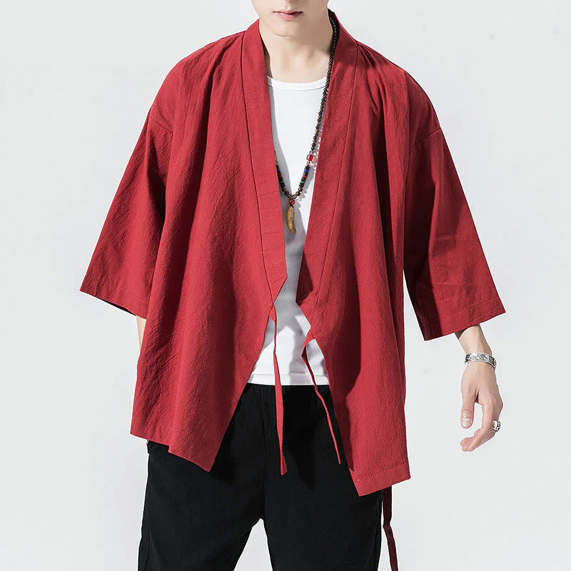 Buddha Stones Tang Suit Open Front Jacket Cotton Linen Men's Three Quarter Sleeve Kimono