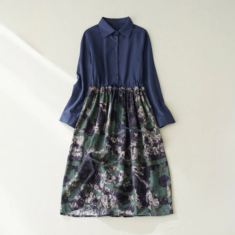 Buddha Stones Fall Printed Patchwork Design Drawstring Long Sleeve Linen Midi Dress With Pockets