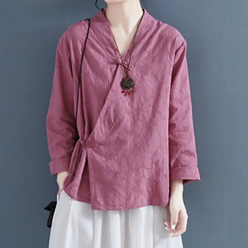 Buddha Stones Casual Solid Color Frog Button Long Sleeve Zen Cotton Linen Women's Shirt