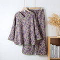 Buddha Stones 2pcs Floral Pattern Frog-Button Long Sleeve Round Neck Shirt Pants Cotton Pajamas Set