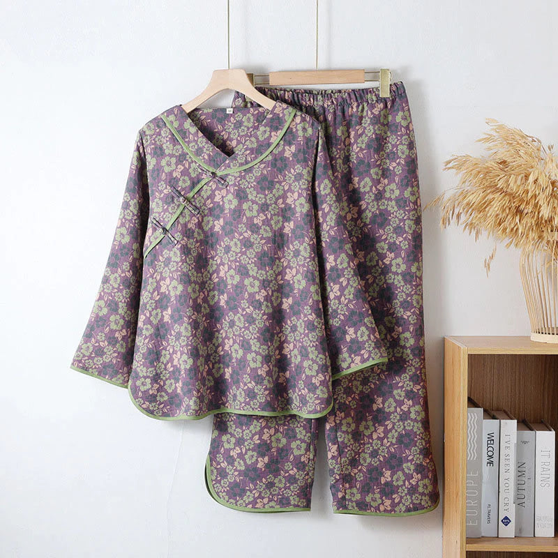Buddha Stones 2pcs Floral Pattern Frog-Button Long Sleeve Round Neck Shirt Pants Cotton Pajamas Set
