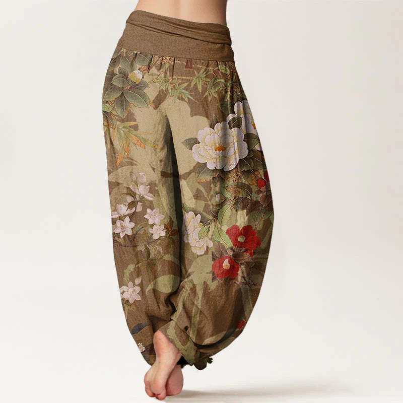 Buddha Stones Cotton Casual Peony Flowers Leaves Magpie Women's Elastic Waist Harem Pants