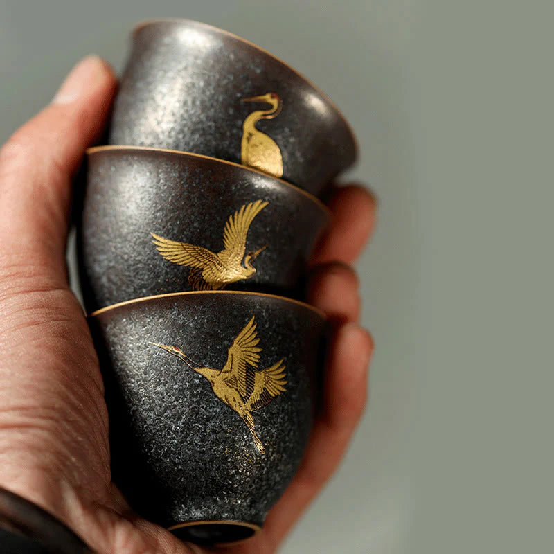 Buddha Stones Small Hand-painted Golden Crane Ceramic Teacup Kung Fu Tea Cup 40ml