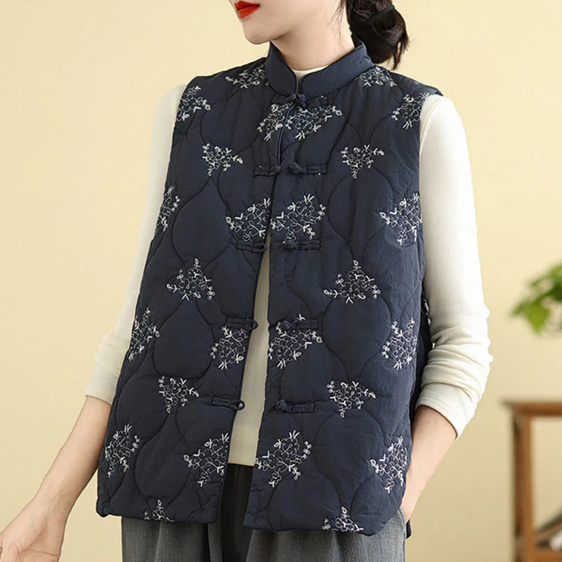 Buddha Stones Embroidered Frog-Button Women's Sleeveless Cotton Vest Waistcoat With Pockets