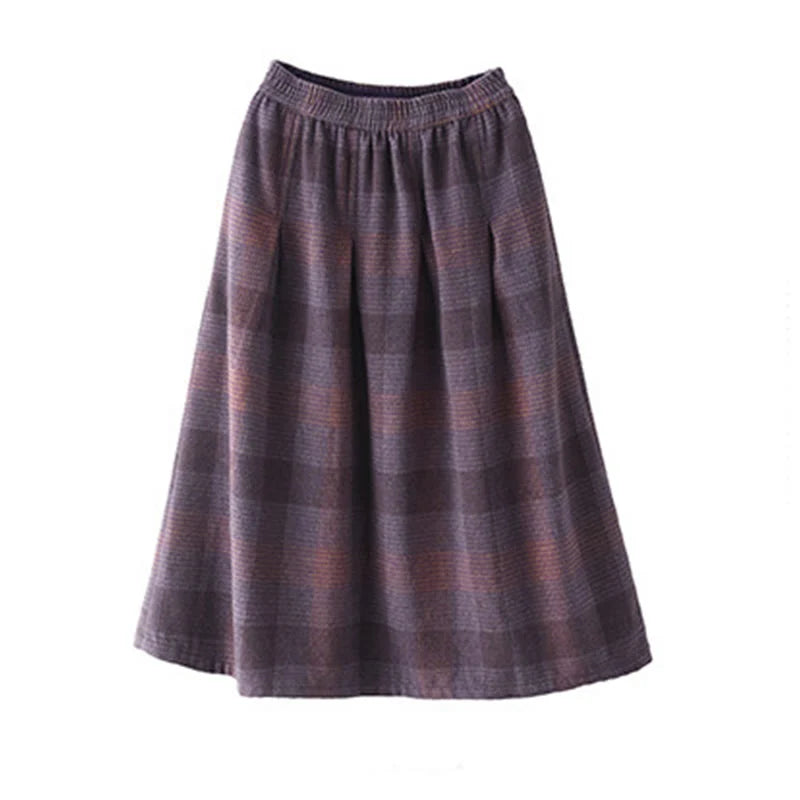 Buddha Stones Women's Winter Plaid Pattern Cotton Thermal 7-8 Length Skirt With Pockets