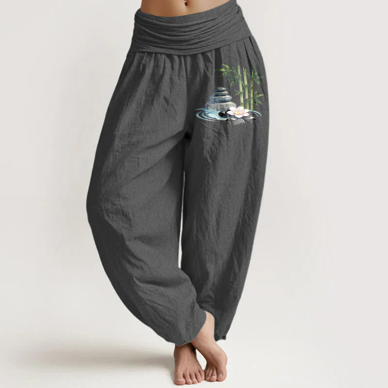 Buddha Stones Pure Cotton Bamboo Flower Stones High Waist Women's Harem Pants